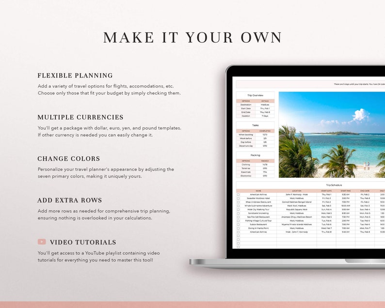May include: A digital travel planner displayed on a laptop screen, featuring sections for trip overview, tasks, packing lists, and a detailed schedule. The text 'MAKE IT YOUR OWN' appears above lists detailing flexible planning, currency, color, and row options.