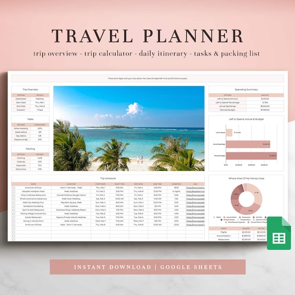 Travel Planner for Google Sheets, Trip Planner, Travel Journal, Travel Itinerary, Travel Organizer, Travel Template, Vacation Planner