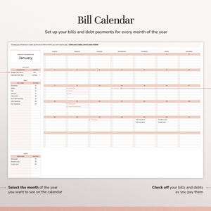 May include: A digital bill calendar template featuring a monthly grid for January, a sidebar for bill and debt tracking, and checkboxes for payments. The layout includes headers like Bill Calendar, with instructions to select the month and check off debts.