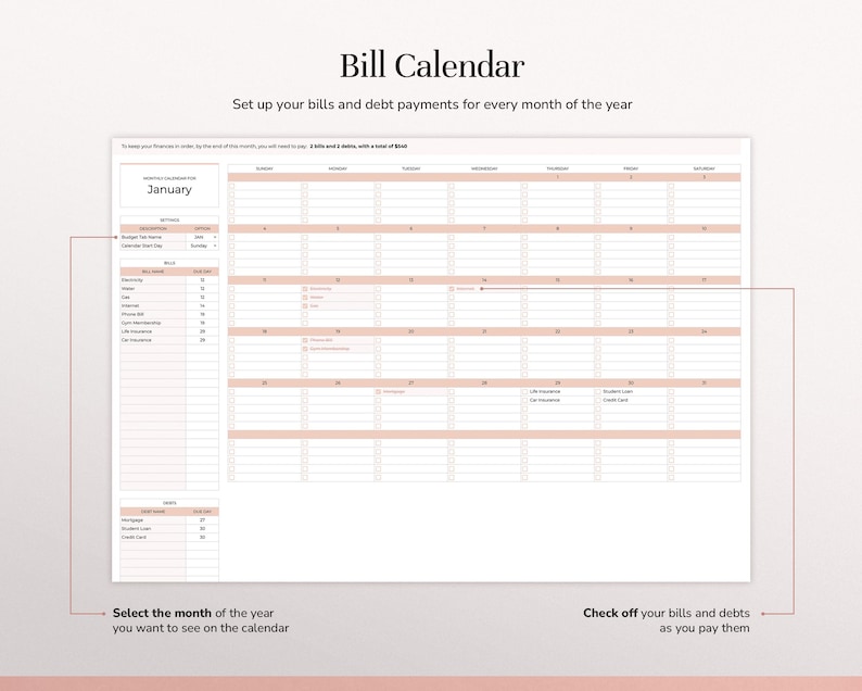 May include: A digital bill calendar template featuring a monthly grid for January, a sidebar for bill and debt tracking, and checkboxes for payments. The layout includes headers like Bill Calendar, with instructions to select the month and check off debts.