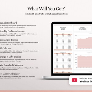 May include: A digital financial spreadsheet displayed on a laptop screen, featuring an annual dashboard, monthly tabs, transaction tracker, bill calendar, savings and debt trackers, and a net worth calculator, with text detailing 18 smart tabs.