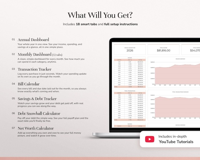 May include: A digital financial spreadsheet displayed on a laptop screen, featuring an annual dashboard, monthly tabs, transaction tracker, bill calendar, savings and debt trackers, and a net worth calculator, with text detailing 18 smart tabs.