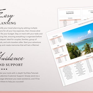May include: A digital travel planner template featuring sections for trip details, budget, tasks, packing lists, and a schedule. The document includes a photograph of a tropical beach with palm trees and ocean water, alongside text headers Easy Planning and Guidance and Support.