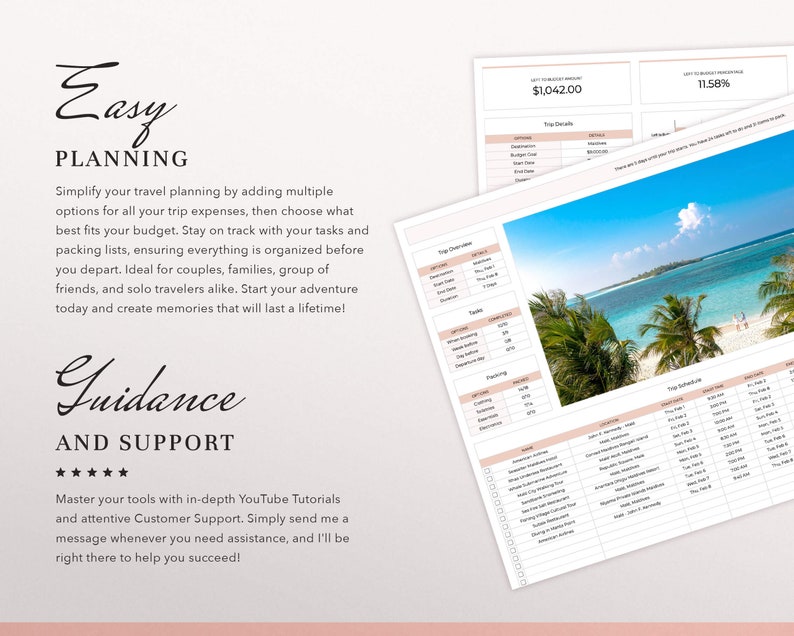 May include: A digital travel planner template featuring sections for trip details, budget, tasks, packing lists, and a schedule. The document includes a photograph of a tropical beach with palm trees and ocean water, alongside text headers Easy Planning and Guidance and Support.