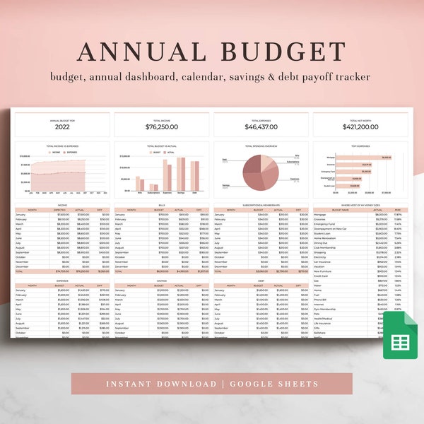 Annual Budget Spreadsheet for Google Sheets, Budget Planner, Budget Template, Yearly Budget Template, Budget Tracker, Personal Budget