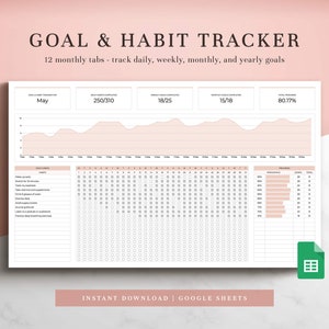 Doel- en gewoontetracker-spreadsheet voor Google Spreadsheets, dagelijkse gewoontetracker, wekelijkse doeltracker, maandelijkse doeltracker, jaarlijkse doeltracker