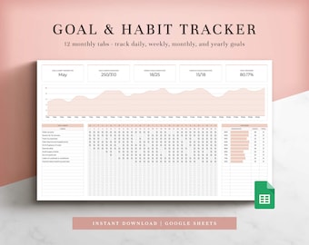 Ziele und Habit Tracker Tabelle für Google Sheets, Täglicher Habit Tracker, Wöchentlicher Ziel Tracker, Monatlicher Ziel Tracker, Jährlicher Ziel Tracker