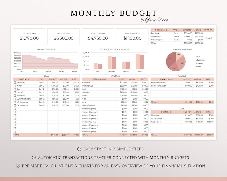 Monthly Budget Spreadsheet Template for Excel Budget Sheet Etsy Australia