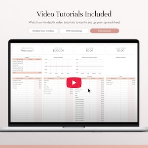 May include: A laptop screen displaying a digital budget spreadsheet with columns for income, bills, expenses, and debt. The interface includes text headers like Video Tutorials Included, Detailed how-to videos, With timestamps, and Full voiceover.
