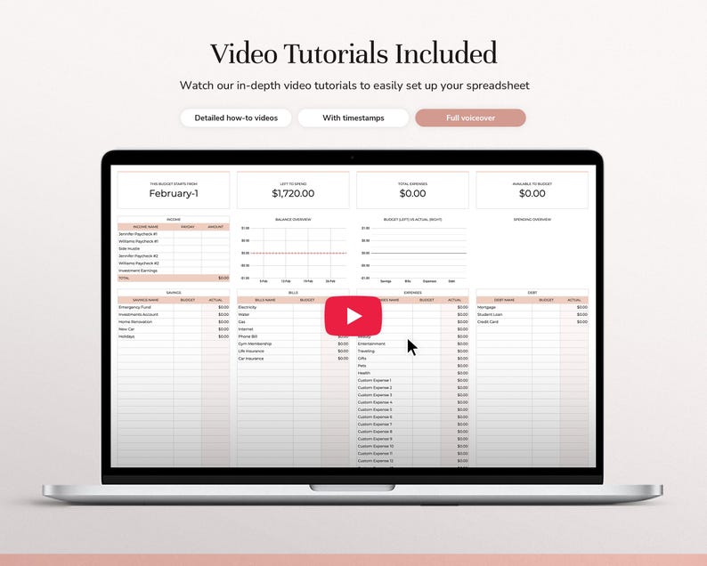 May include: A laptop screen displaying a digital budget spreadsheet with columns for income, bills, expenses, and debt. The interface includes text headers like Video Tutorials Included, Detailed how-to videos, With timestamps, and Full voiceover.