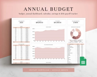 Jahresbudgetplaner für Google Sheets, Budgettabelle, Budgetvorlage, Jahresbudgetvorlage, Finanzieler, Budget Tracker