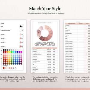 May include: A digital budget spreadsheet template featuring a color customization menu, a pie chart titled Where Most Of My Money Goes, and an expense tracking table. The interface includes options for text, chart background, and four accent colors.