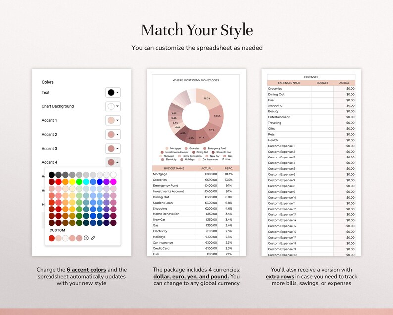 May include: A digital budget spreadsheet template featuring a color customization menu, a pie chart titled Where Most Of My Money Goes, and an expense tracking table. The interface includes options for text, chart background, and four accent colors.