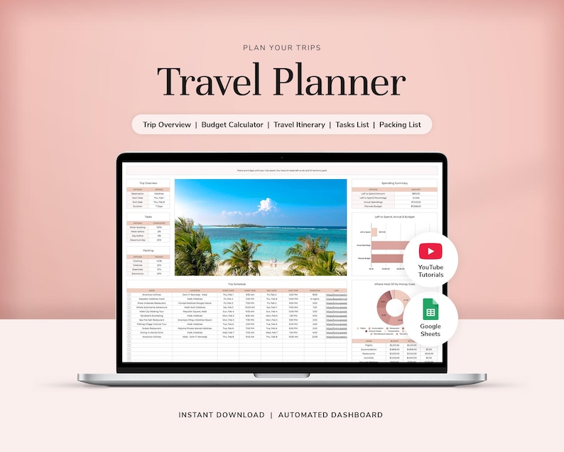 May include: A digital travel planner displayed on a laptop screen, featuring sections for trip overview, budget calculator, itinerary, tasks, and packing lists. The dashboard includes charts, a beach photo, and icons for YouTube tutorials and Google Sheets.