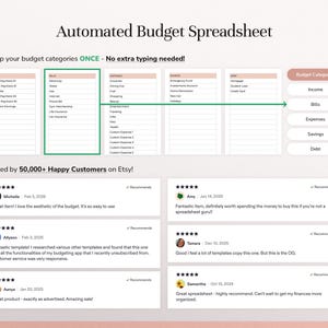 May include: An automated budget spreadsheet template featuring columns for income, bills, expenses, savings, and debt. The interface includes a budget categories menu and displays six five-star customer reviews from Etsy users praising the digital tool.
