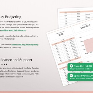 May include: A digital financial spreadsheet template featuring white pages with pink accents, displaying tables for transaction tracking, annual budget 2026, and income overview charts. Text includes Easy Budgeting, Guidance and Support, and 2026.