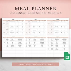 Weekly Meal Planner and Automated Grocery List for Google Sheets, Meal Plan Template, Digital Meal Planner, Meal Planning Spreadsheet