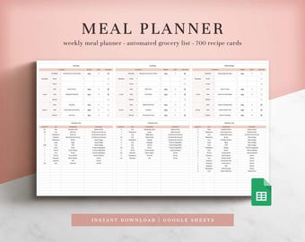 Wöchentlicher Essensplaner und Automatisierte Lebensmittelliste für Google Sheets, Essensplan Vorlage, Digitaler Essensplaner, Essensplanung Tabelle