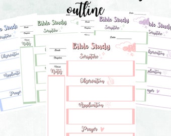 May include: Printable Bible study outline template with sections for scripture, observation, application, and prayer. The template features a pink and green color scheme with floral and cloud illustrations.