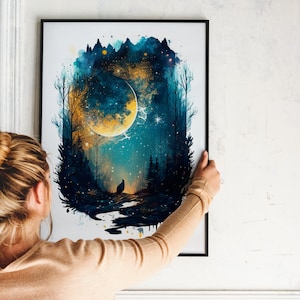Luna impresión paisaje noche impresión estrellas arte paisaje pared impresión noche digital luna impresión luna decoración pared estrellas arte niños habitación impresión arte luna