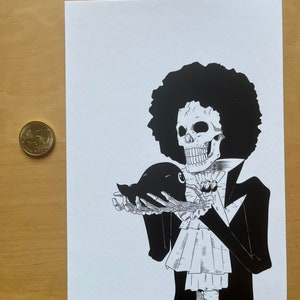 May include: Black and white illustration of a skeleton character with a large afro, holding a black object. The skeleton is wearing a black suit and a ruffled collar. The artwork is on a white background.