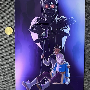 May include: A digital art print featuring a fantasy scene with a large, shadowy figure in the background. Two figures are in the foreground, one seated and the other standing. The color palette is dominated by shades of purple and blue.