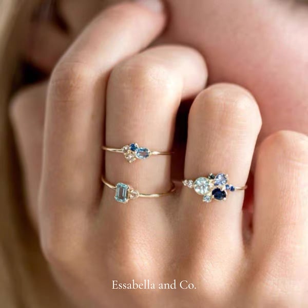 18K Moroccan Blue Diamond ring, Gold dainty & simple diamond cluster engagement ring, Women minimalist diamond anniversary promise ring