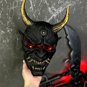 Japanese Oni mask DBD Black and Gold wearable, Wall Decor Oni mask with Red lights, Kabuki mask, Noh mask, Yokai mask, Black Hannya mask