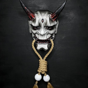 Black and White Oni Mask with rope, Wall Decor Oni mask with Rope, Kabuki mask, Black Noh mask, Demon mask, Yokai mask, White Hannya mask