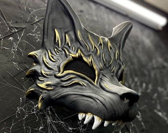 Japanese Grey Kitsune Half mask, Gold and Black Wolf half mask, Japanese Black Fox mask wearable, Anime Cosplay mask, Gold Kitsune mask