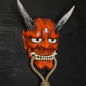 Japanese Oni Mask with Rope, Red Oni mask decor, Red Hannya mask, Oni mask wearable, Kabuki mask, Noh mask, Orange Oni Demon mask, yokai