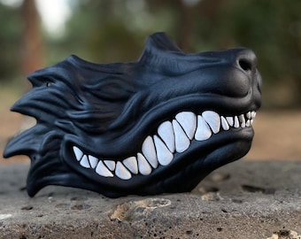Samurai Wolf mask Black, Wolf half face mask Tsushima, Kitsune Half Face Mask, Wolf mask Wearable, Black and White Wolf, Werewolf mask