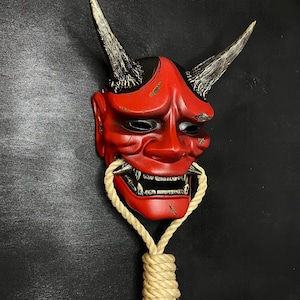 Damaged Red Hannya mask, Japanese Wall Decor, Custom Hannya mask wear, Kabuki Mask, Red Oni mask, Halloween mask, Samurai mask