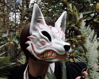 Japanese Kitsune mask White and Red, Full face Kitsune mask, Japanese fox mask, Wolf mask, Anime Cosplay mask, fox mask, japanese demon mask
