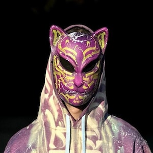 Japanese Kitsune mask for anime cosplay, purple Cat Mask, Japanese Fox mask wearable painted with Calligraphy, Japanese wall decor
