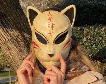 Japanese Kitsune mask for anime cosplay. Ninja Demon Mask, Japanese Cat mask wearable painted with craquelure, Japan style wall decor