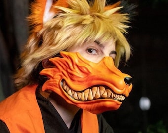 Kurama mask wearable, Oni Wolf mask, Anime Cosplay Fox Half mask, Japanese Kitsune mask, WereWolf mask, Orange Fox mask, Wolf wearable