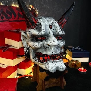 White Oni Mask wearable, Japanese Oni mask, Kabuki mask, Black Noh mask, Black Demon mask, Yokai mask, White Hannya mask