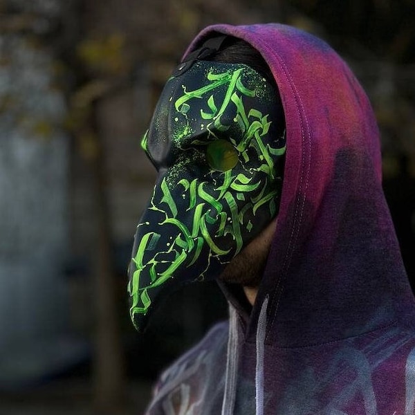 LIMITED EDITION Black Plague Doctor Mask with Green lenses UV Glow, Crow bird mask, Black Plague doctor Mask, Raven mask, Bird Beak mask