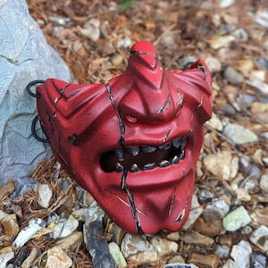 Samurai Oni Half Mask, Damaged Red Mempo mask, Japanese Mempo, japanese face mask cosplay, Ghost tsushima mask, Ninja Samurai