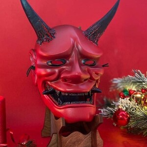 Traditional Japanese Hannya Mask, Samurai mask, MADE to ORDER, Kabuki mask, Japanese Demon mask, Oni mask, Red, Black Gold Hannya wall decor Red&Black