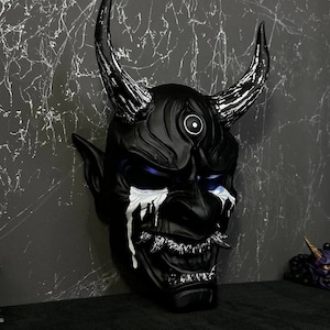 Japanese DBD Oni Mask with lights wearable, Black and White Devil mask, Black Demon Oni mask, Dark blue Hannya mask, Horns devil, yokai mask