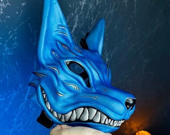Japanese Kitsune mask, Blue Kitsune mask Anime cosplay, the nine tail fox, Japan Blue Fox mask wearable, kitsune fox mask wear