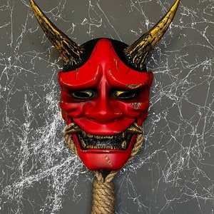 Damaged Red Hannya mask, Japanese Wall Decor, Custom Hannya mask wear, Kabuki Mask, Red Oni mask, Halloween mask, Samurai mask