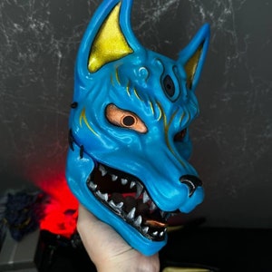 Hand-Painted Blue Kitsune Mask: Japanese Cosplay Fox Mask