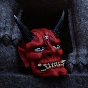 Japanese Red Oni Mask, Samurai mask, Wall hannya mask, Oni mask wear, Kabuki mask, Noh mask, Resin mask for cosplay, oni mask wall decor