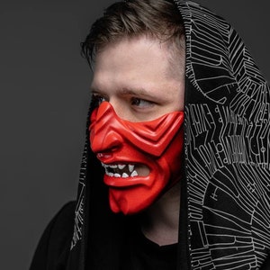 Samurai Maske, Rote Oni Maske, Japanische Menpo Maske, Rote Halbe Gesichtsmaske Cosplay, Ninja Rüstung, Oni Halbmaske Tsushima jin sakai