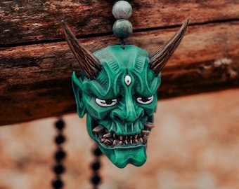 Japanese Oni mask Necklace, Small Japanese Oni mask with beads, Japanese Devil Hannya Necklace, Mini Oni demon Mask Necklace For Boyfriend