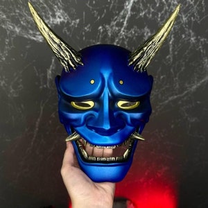 Handmade Hannya Mask: Blue Oni, Gold Details - Wearable Samurai Cosplay mask