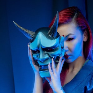 Blue Hannya Mask, Made to ORDER, Demon mask, Ninja Kabuki, Blue Oni mask, Halloween Costume, Japanese traditional Noh mask